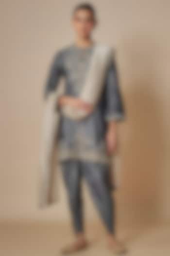 Teal Grey Silk Zari Embroidered Short Kurta Set by Jayanti Reddy at Pernia's Pop Up Shop