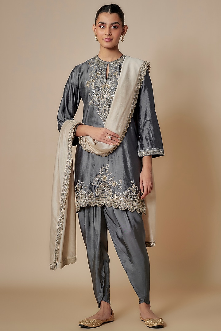 Teal Grey Silk Zari Embroidered Short Kurta Set by Jayanti Reddy at Pernia's Pop Up Shop