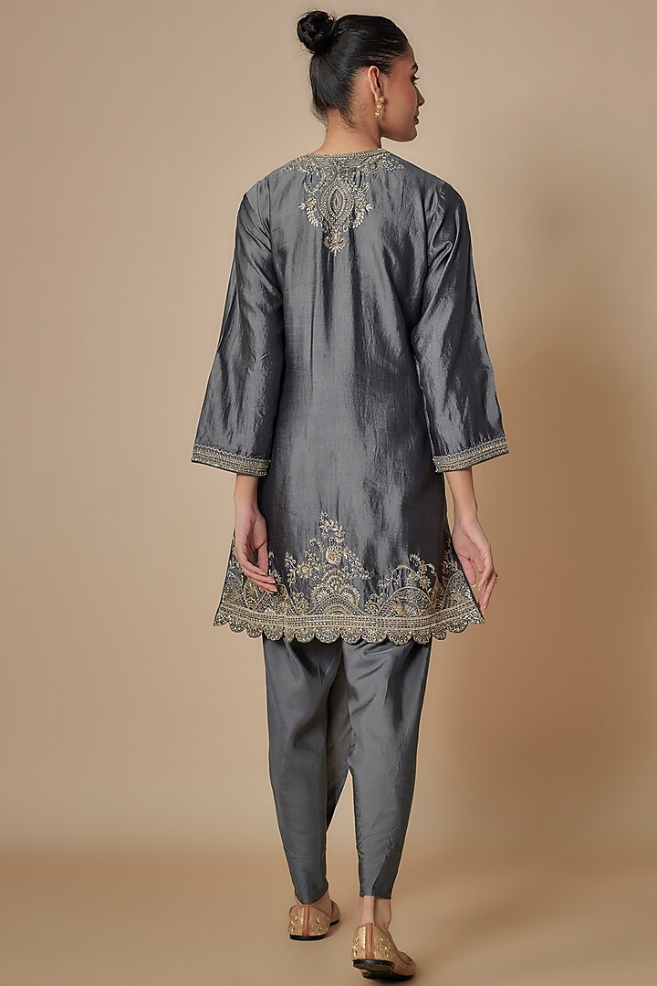 Teal Grey Silk Zari Embroidered Short Kurta Set by Jayanti Reddy at Pernia's Pop Up Shop