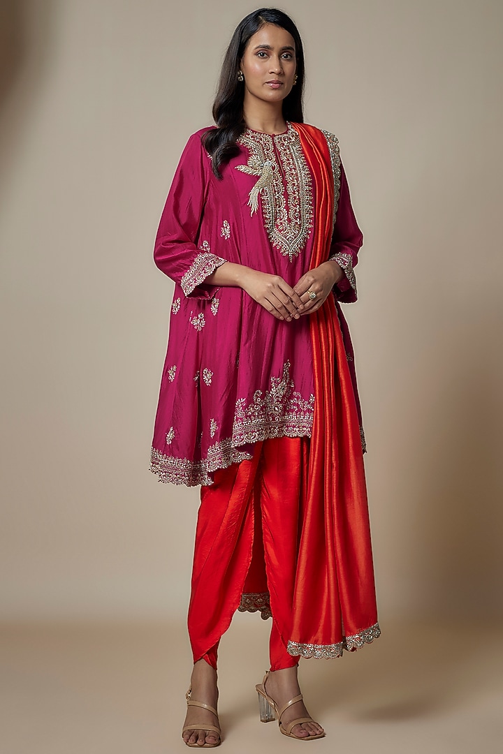 Rani Pink Silk Zari Embroidered Paneled Tunic Set by Jayanti Reddy at Pernia's Pop Up Shop