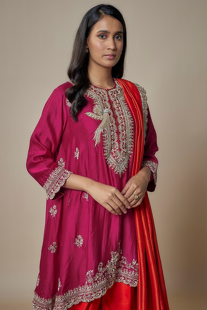 Rani Pink Silk Zari Embroidered Paneled Tunic Set by Jayanti Reddy at Pernia's Pop Up Shop