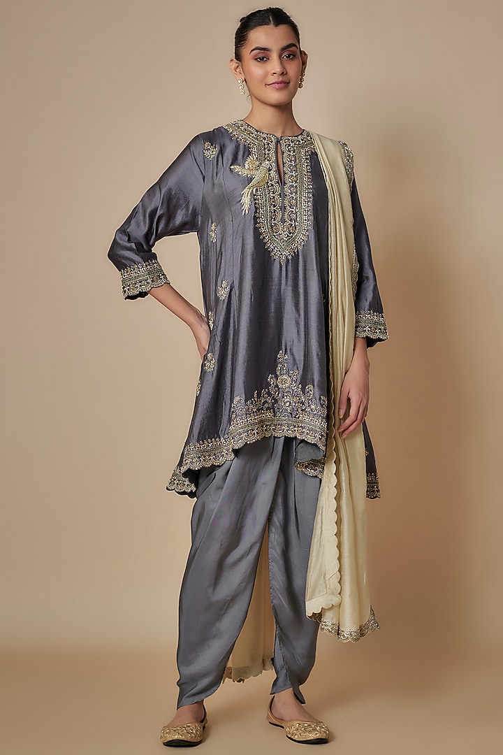 Teal Grey Silk Zari Embroidered Paneled Kurta Set by Jayanti Reddy at Pernia's Pop Up Shop