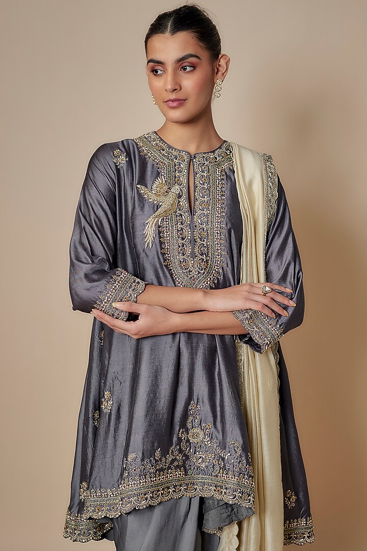 Teal Grey Silk Zari Embroidered Paneled Kurta Set by Jayanti Reddy at Pernia's Pop Up Shop