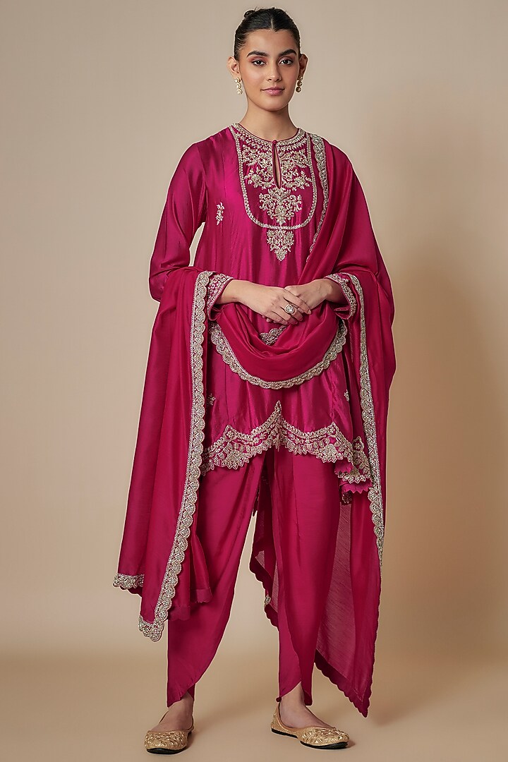 Rani Pink Silk Zari Embroidered Paneled Kurta Set by Jayanti Reddy at Pernia's Pop Up Shop