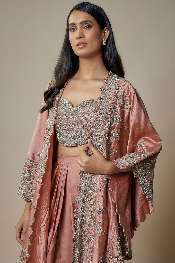 Peach Silk Zari Embroidered Cape Set by Jayanti Reddy at Pernia's Pop Up Shop