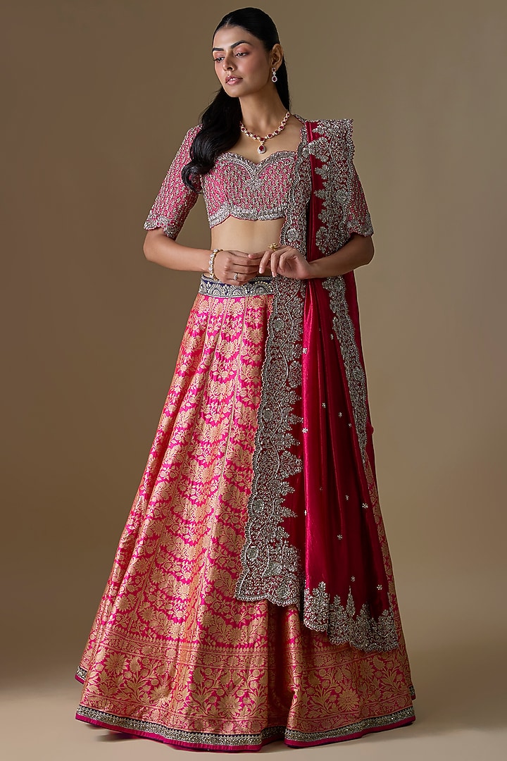 Pink Banarasi Silk Zardosi Embroidered Bridal Lehenga Set by Jayanti Reddy at Pernia's Pop Up Shop