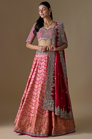 Pink Banarasi Silk Zardosi Embroidered Lehenga Set by Jayanti Reddy