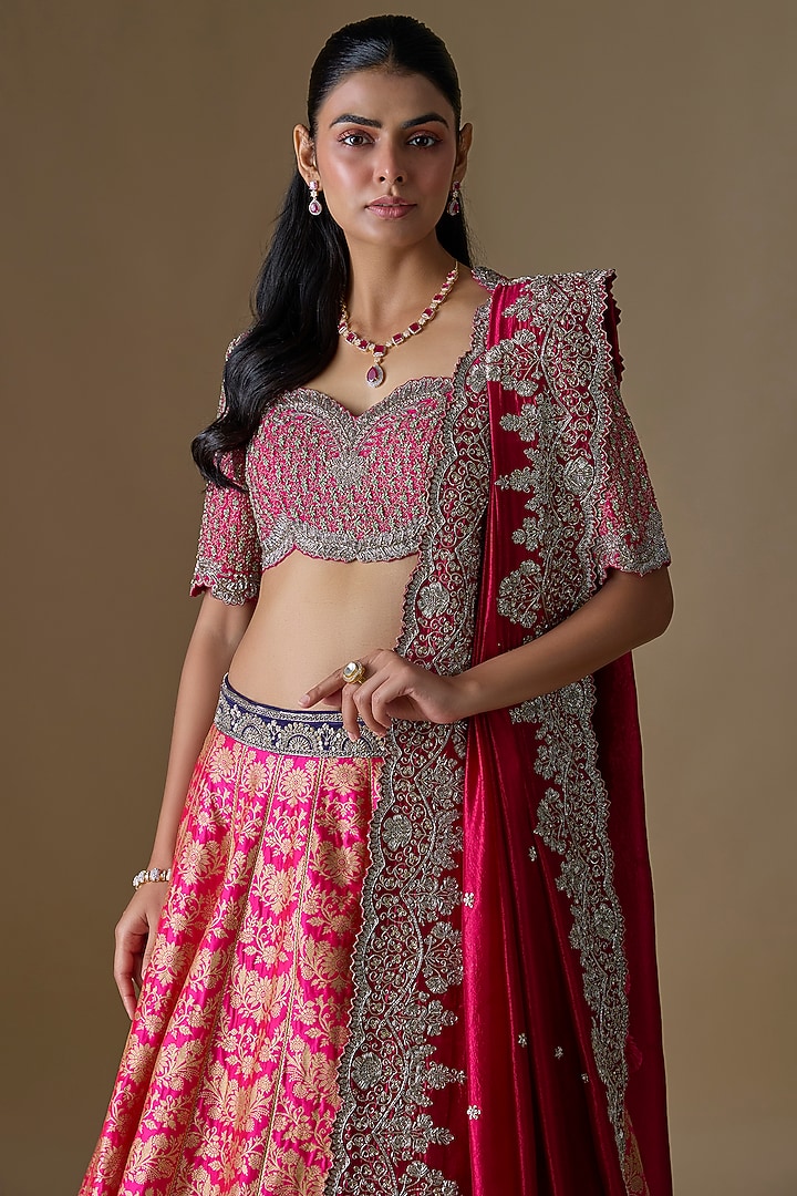 Pink Banarasi Silk Zardosi Embroidered Bridal Lehenga Set by Jayanti Reddy at Pernia's Pop Up Shop