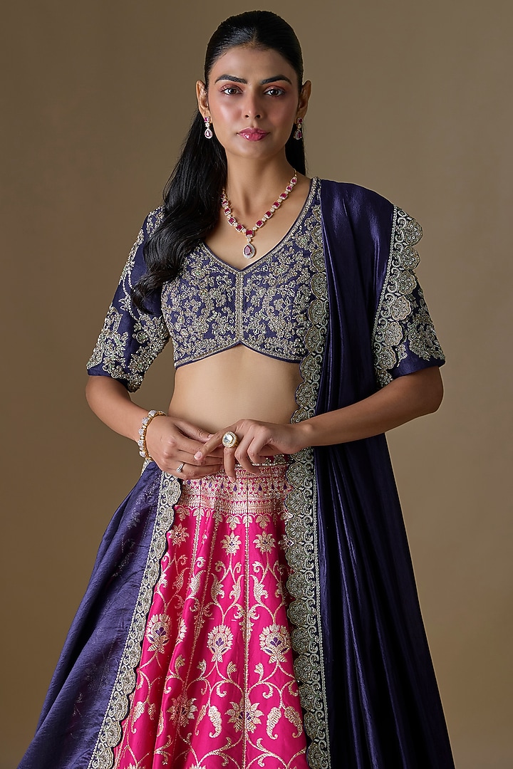 Pink Banarasi Silk Zardosi Embroidered Bridal Lehenga Set by Jayanti Reddy at Pernia's Pop Up Shop