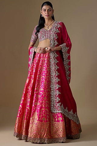 Pink Banarasi Silk Zardosi Embroidered Lehenga Set by Jayanti Reddy
