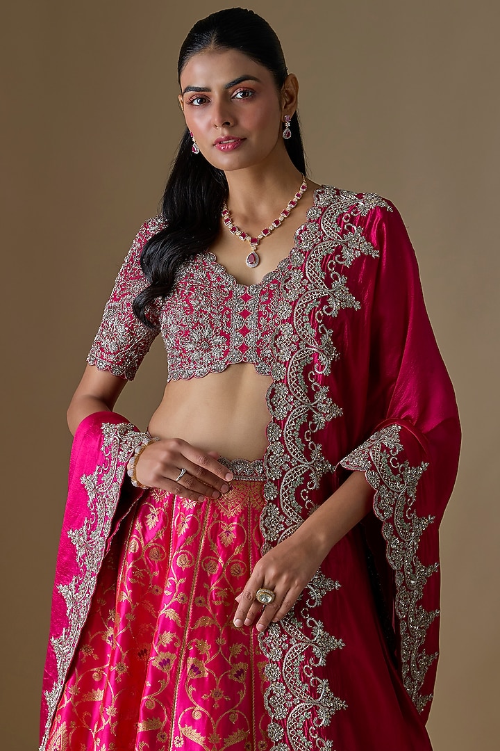 Pink Banarasi Silk Zardosi Embroidered Bridal Lehenga Set by Jayanti Reddy at Pernia's Pop Up Shop