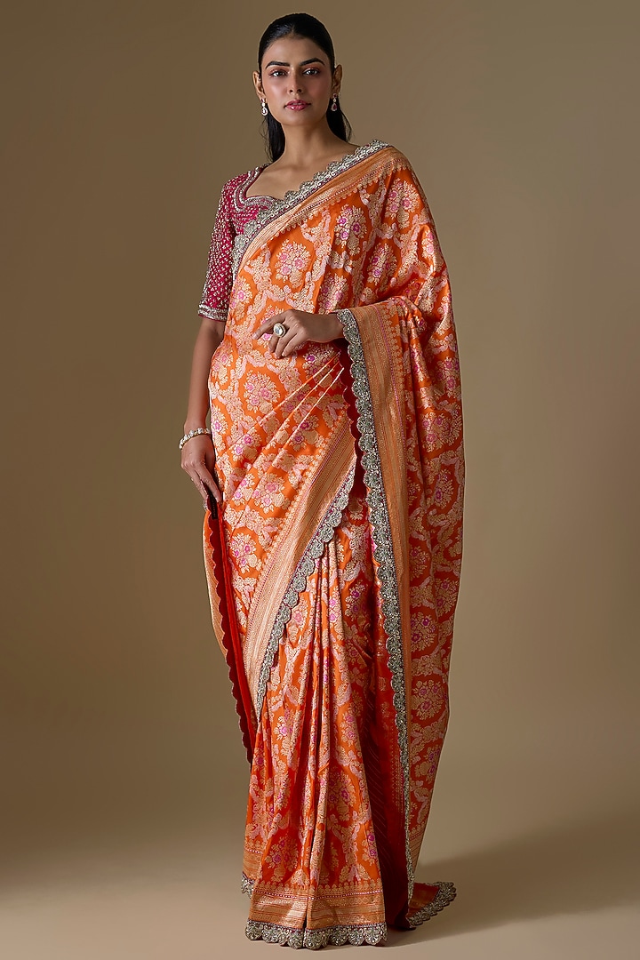 Orange Banarasi Silk Zardosi Embroidered Bridal Saree Set by Jayanti Reddy at Pernia's Pop Up Shop