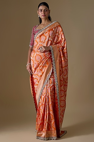 Orange Banarasi Silk Zardosi Embroidered Saree Set by Jayanti Reddy