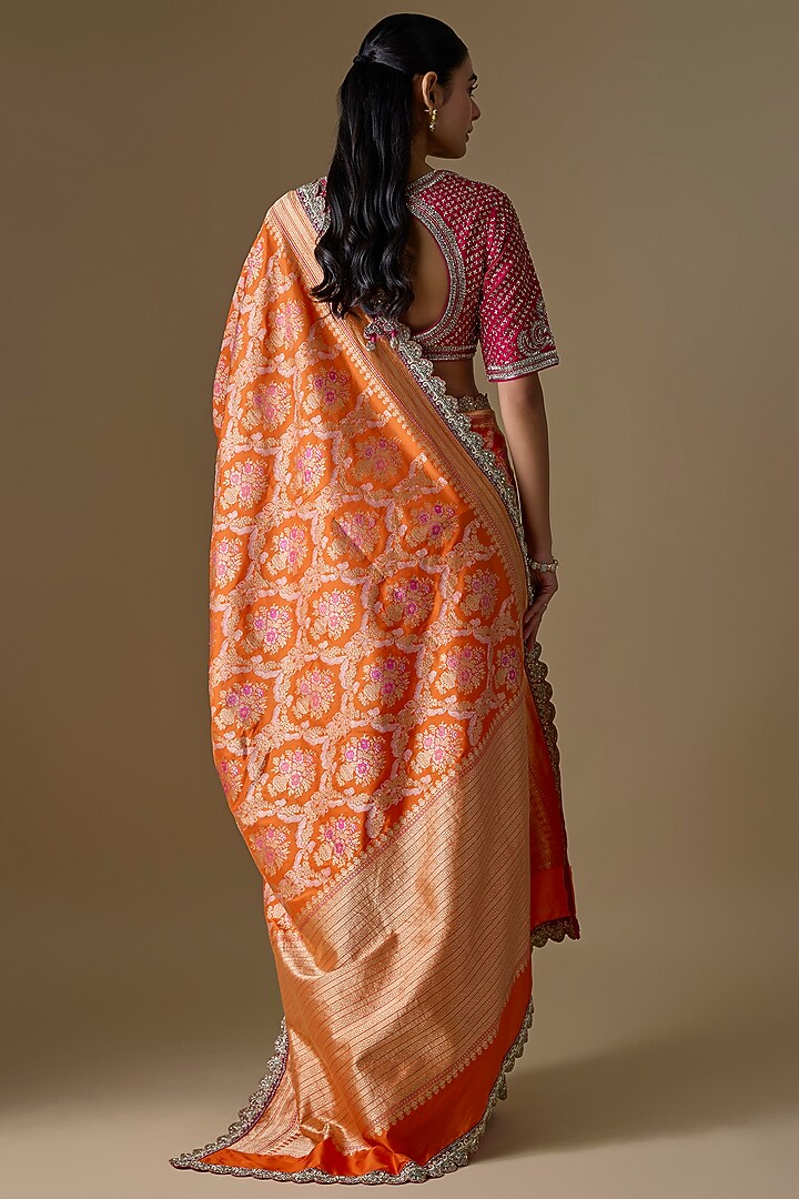 Orange Banarasi Silk Zardosi Embroidered Bridal Saree Set by Jayanti Reddy at Pernia's Pop Up Shop