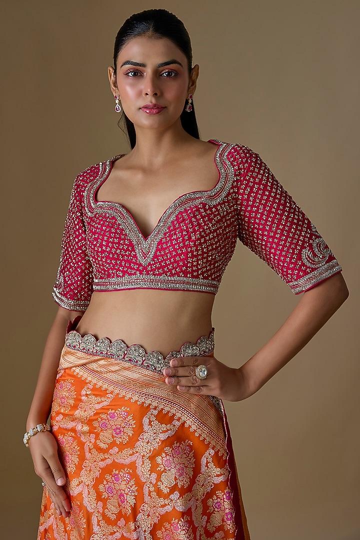 Orange Banarasi Silk Zardosi Embroidered Bridal Saree Set by Jayanti Reddy at Pernia's Pop Up Shop