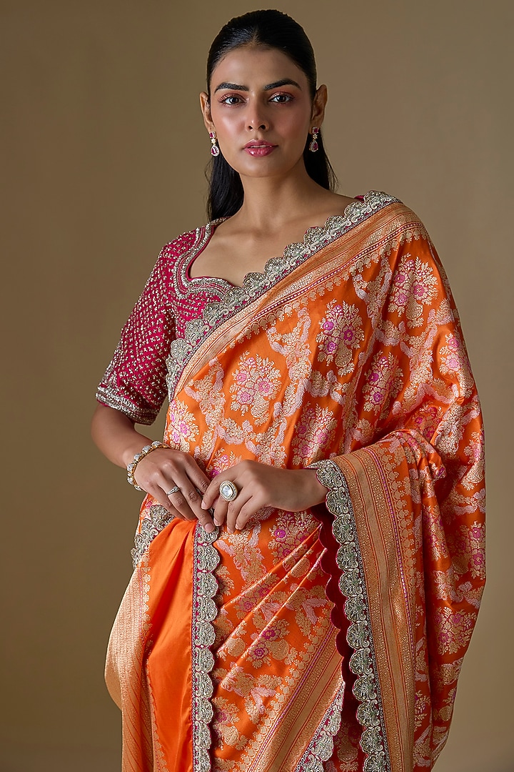 Orange Banarasi Silk Zardosi Embroidered Bridal Saree Set by Jayanti Reddy at Pernia's Pop Up Shop