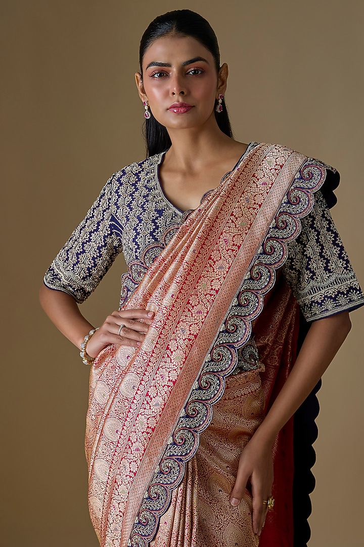 Red Banarasi Silk Zardosi Embroidered Bridal Saree Set by Jayanti Reddy at Pernia's Pop Up Shop