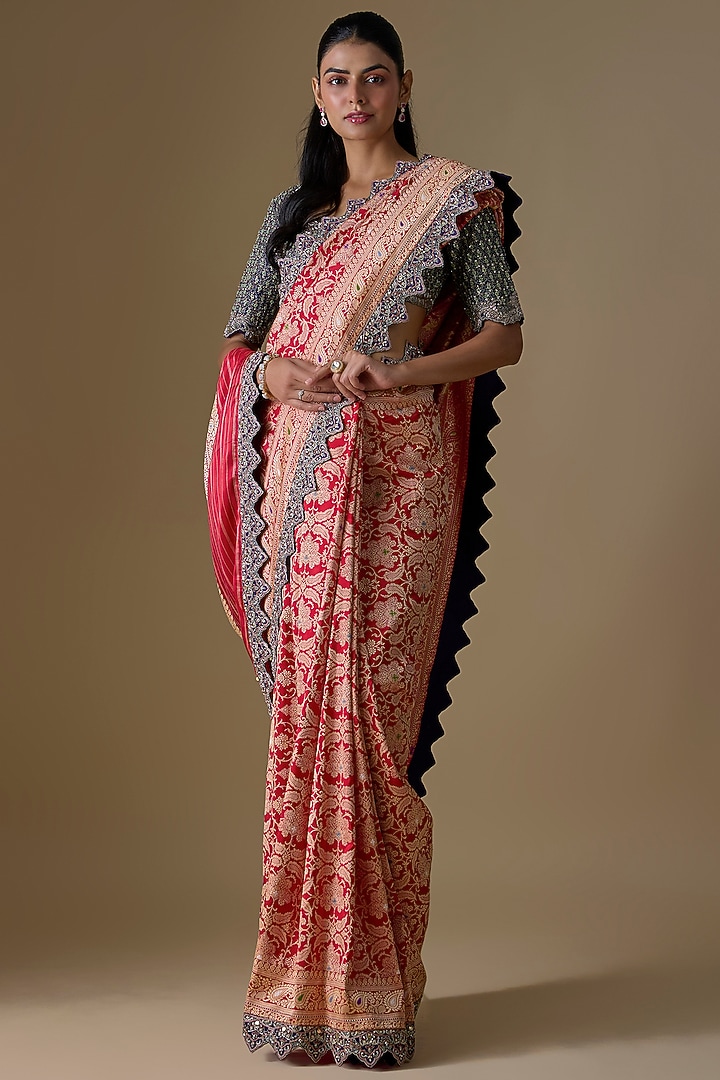 Pink Banarasi Silk Zardosi Embroidered Bridal Saree Set by Jayanti Reddy at Pernia's Pop Up Shop