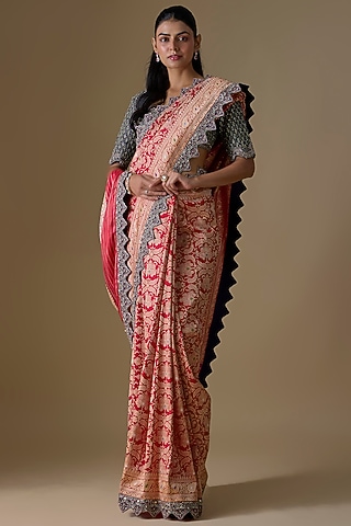 Pink Banarasi Silk Zardosi Embroidered Saree Set by Jayanti Reddy