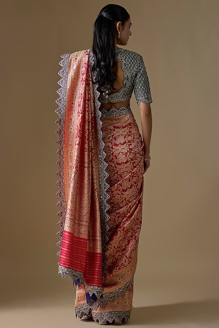 Pink Banarasi Silk Zardosi Embroidered Bridal Saree Set by Jayanti Reddy at Pernia's Pop Up Shop