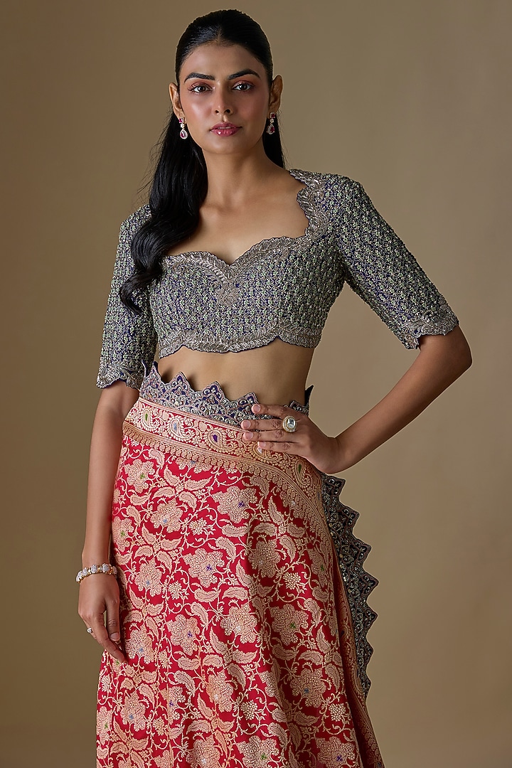 Pink Banarasi Silk Zardosi Embroidered Bridal Saree Set by Jayanti Reddy at Pernia's Pop Up Shop