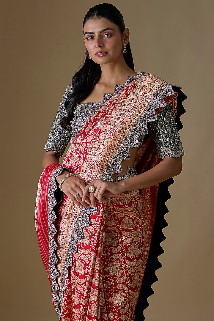 Pink Banarasi Silk Zardosi Embroidered Bridal Saree Set by Jayanti Reddy at Pernia's Pop Up Shop