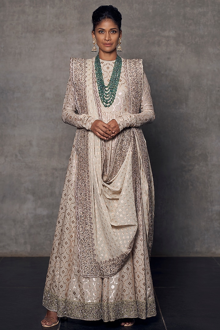 Beige Embroidered Banarasi Bridal Anarkali Set by Jayanti Reddy at Pernia's Pop Up Shop
