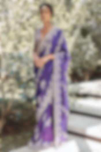 Purple Silk Embroidered Saree Set by Jayanti Reddy