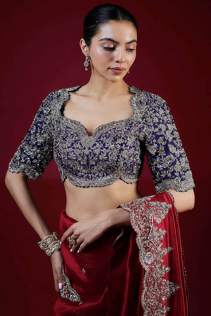 Red Silk Zari Embroidered Bridal Saree Set by Jayanti Reddy at Pernia's Pop Up Shop