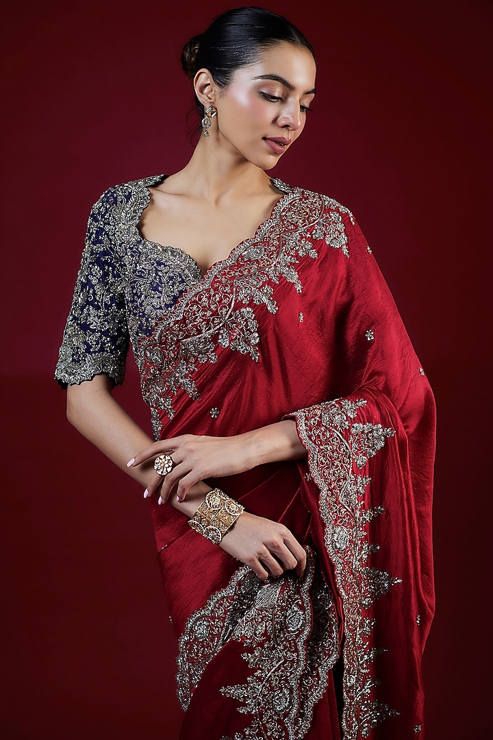Red Silk Zari Embroidered Bridal Saree Set by Jayanti Reddy at Pernia's Pop Up Shop