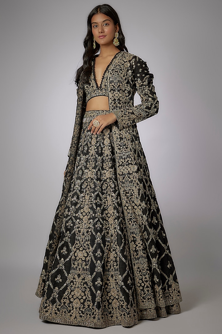 Black Net Zari Embroidered Jacket Bridal Lehenga Set by Jayanti Reddy at Pernia's Pop Up Shop