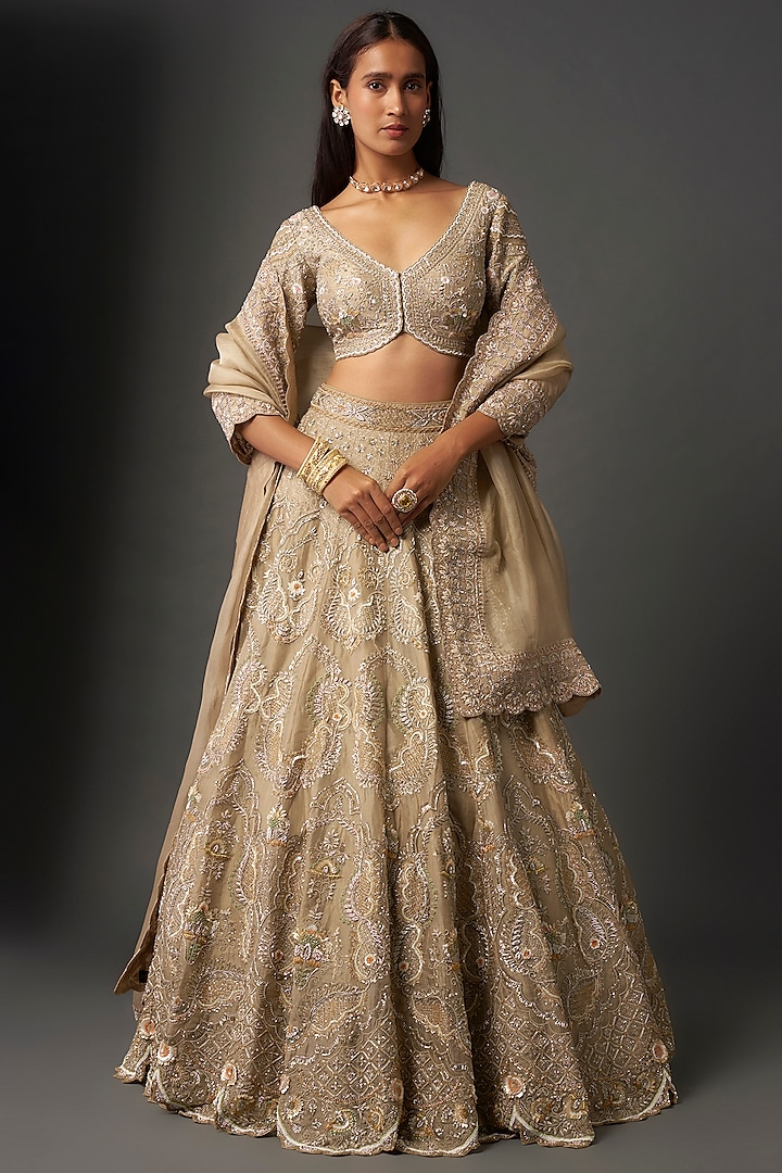 Beige Raw Silk Zardosi Embroidered Bridal Lehenga Set by Jayanti Reddy at Pernia's Pop Up Shop