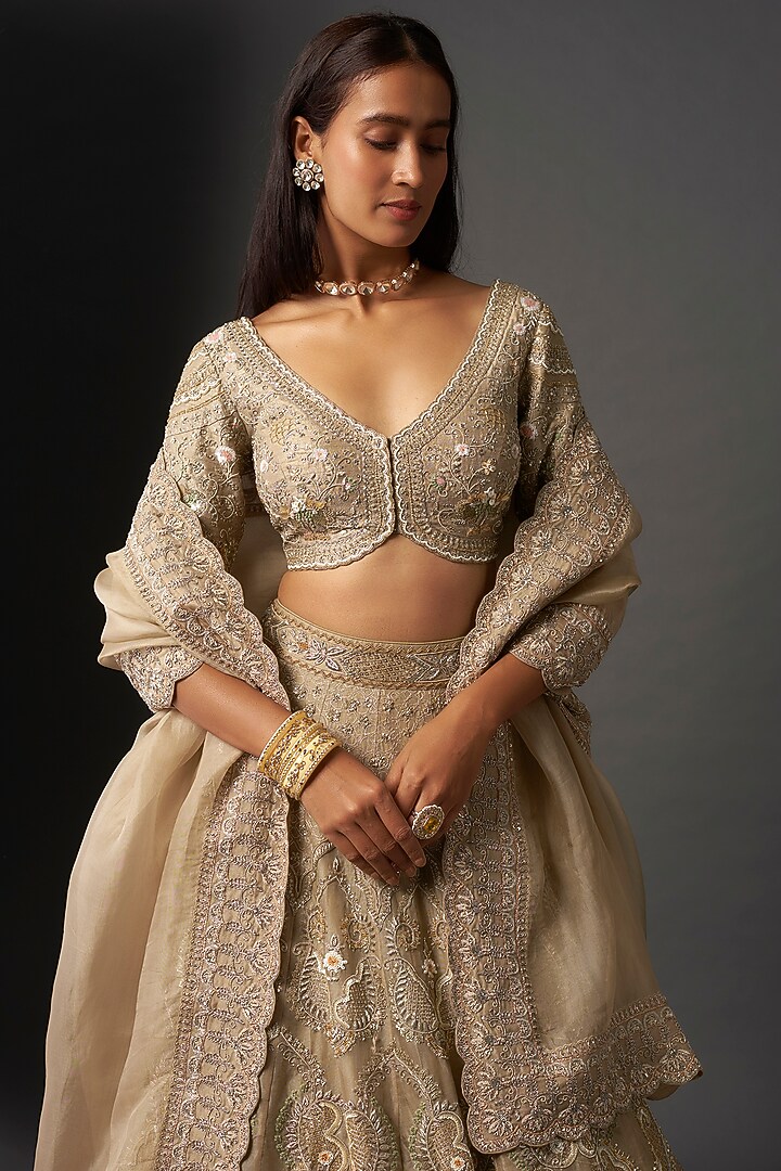 Beige Raw Silk Zardosi Embroidered Bridal Lehenga Set by Jayanti Reddy at Pernia's Pop Up Shop
