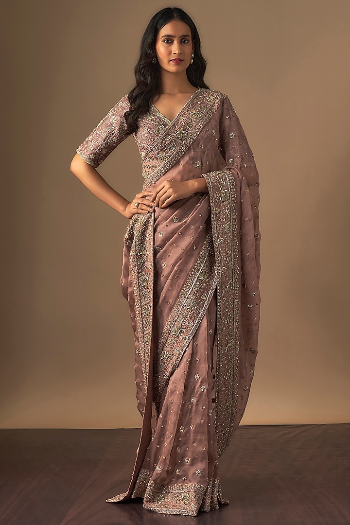 Peach Organza Zardosi Embroidered Saree Set by Jayanti Reddy at Pernia's Pop Up Shop