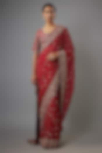 Red Organza Zardosi Embroidered Saree Set by Jayanti Reddy at Pernia's Pop Up Shop