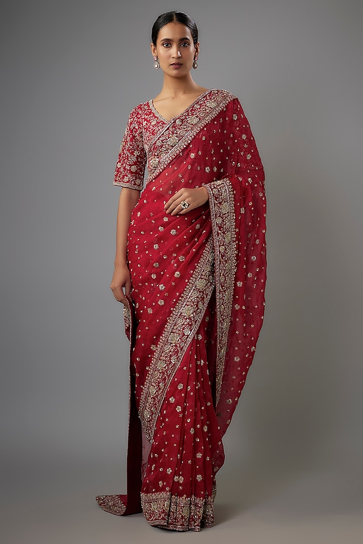 Red Organza Zardosi Embroidered Saree Set by Jayanti Reddy at Pernia's Pop Up Shop