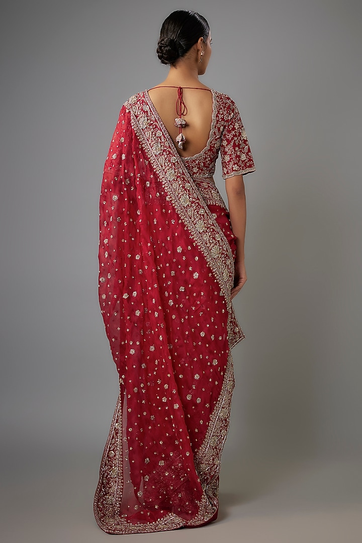 Red Organza Zardosi Embroidered Bridal Saree Set by Jayanti Reddy at Pernia's Pop Up Shop
