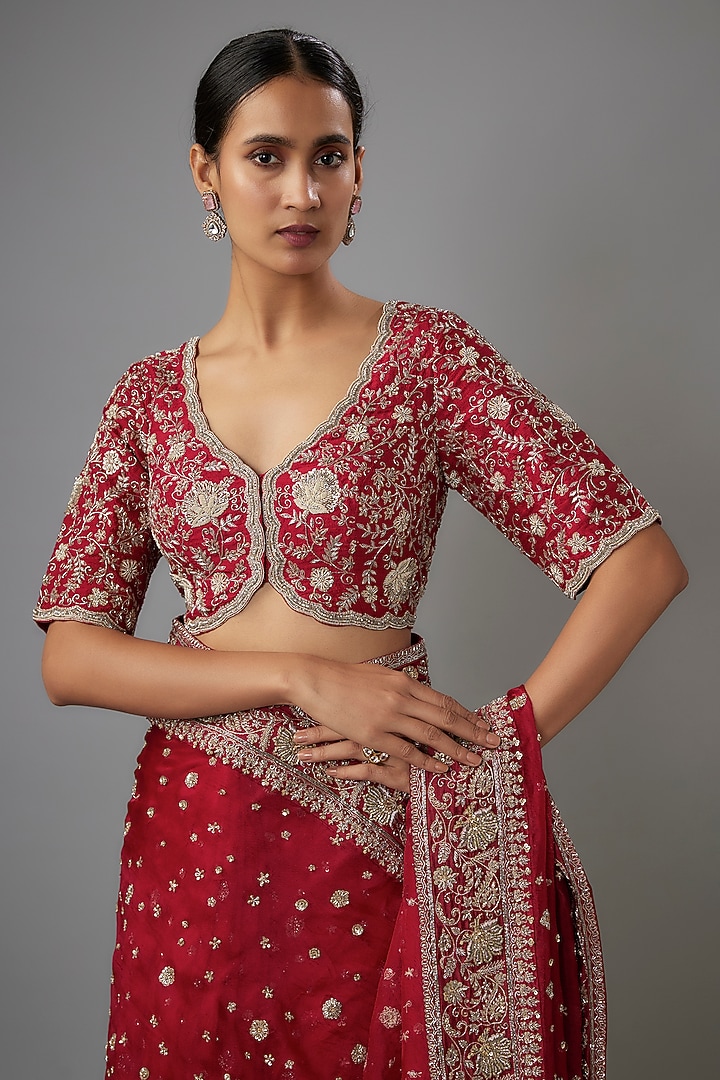 Red Organza Zardosi Embroidered Bridal Saree Set by Jayanti Reddy at Pernia's Pop Up Shop