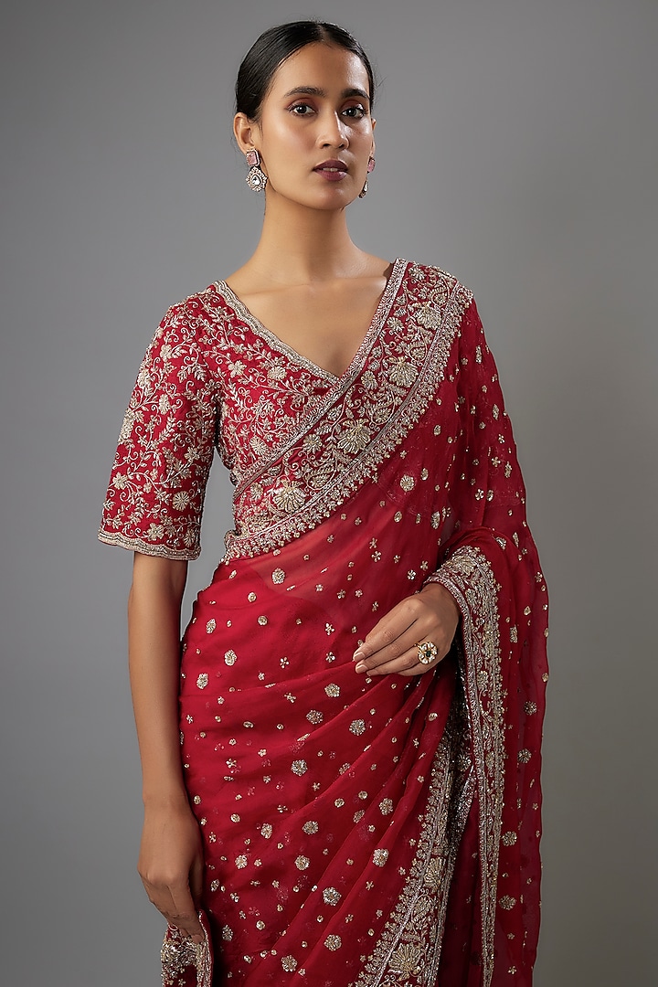 Red Organza Zardosi Embroidered Bridal Saree Set by Jayanti Reddy at Pernia's Pop Up Shop