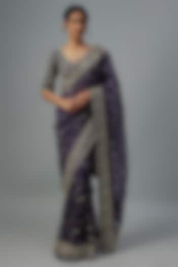 Purple Organza Zardosi Embroidered Bridal Saree Set by Jayanti Reddy at Pernia's Pop Up Shop
