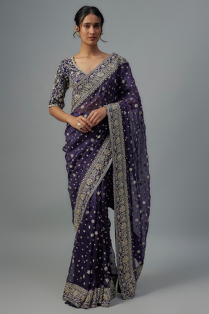Purple Organza Zardosi Embroidered Bridal Saree Set by Jayanti Reddy at Pernia's Pop Up Shop