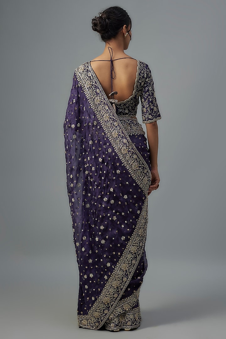 Purple Organza Zardosi Embroidered Bridal Saree Set by Jayanti Reddy at Pernia's Pop Up Shop