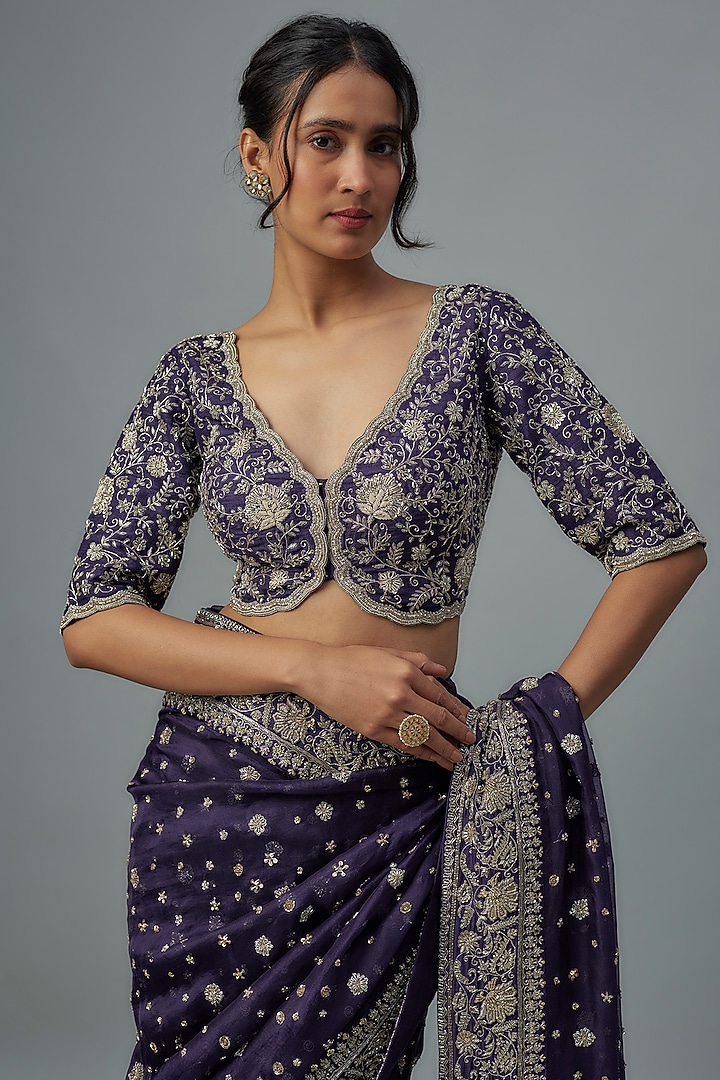 Purple Organza Zardosi Embroidered Bridal Saree Set by Jayanti Reddy at Pernia's Pop Up Shop