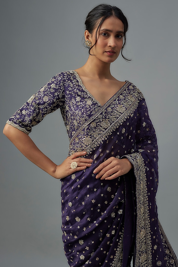 Purple Organza Zardosi Embroidered Bridal Saree Set by Jayanti Reddy at Pernia's Pop Up Shop