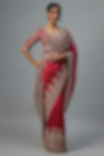 Red Silk Zardosi Embroidered Saree Set by Jayanti Reddy at Pernia's Pop Up Shop