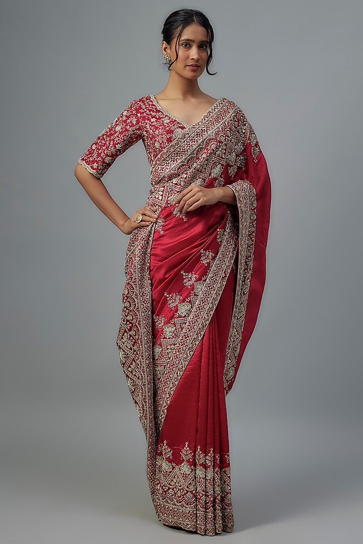 Red Silk Zardosi Embroidered Saree Set by Jayanti Reddy at Pernia's Pop Up Shop