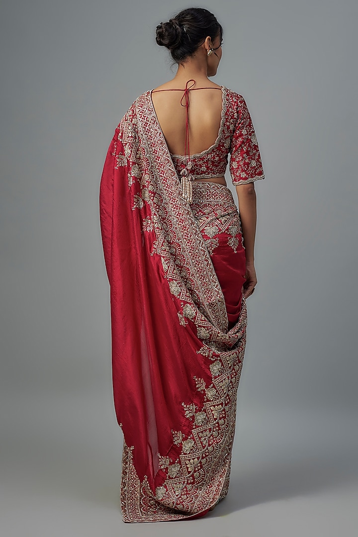 Red Silk Zardosi Embroidered Bridal Saree Set by Jayanti Reddy at Pernia's Pop Up Shop