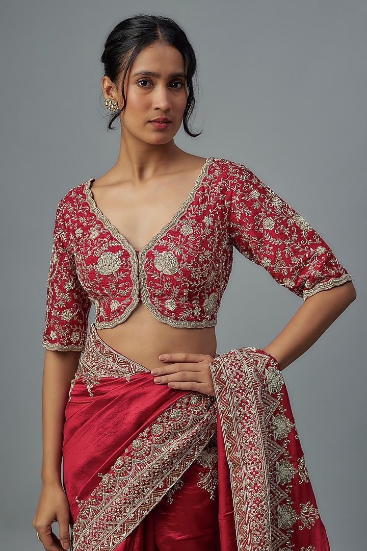 Red Silk Zardosi Embroidered Bridal Saree Set by Jayanti Reddy at Pernia's Pop Up Shop