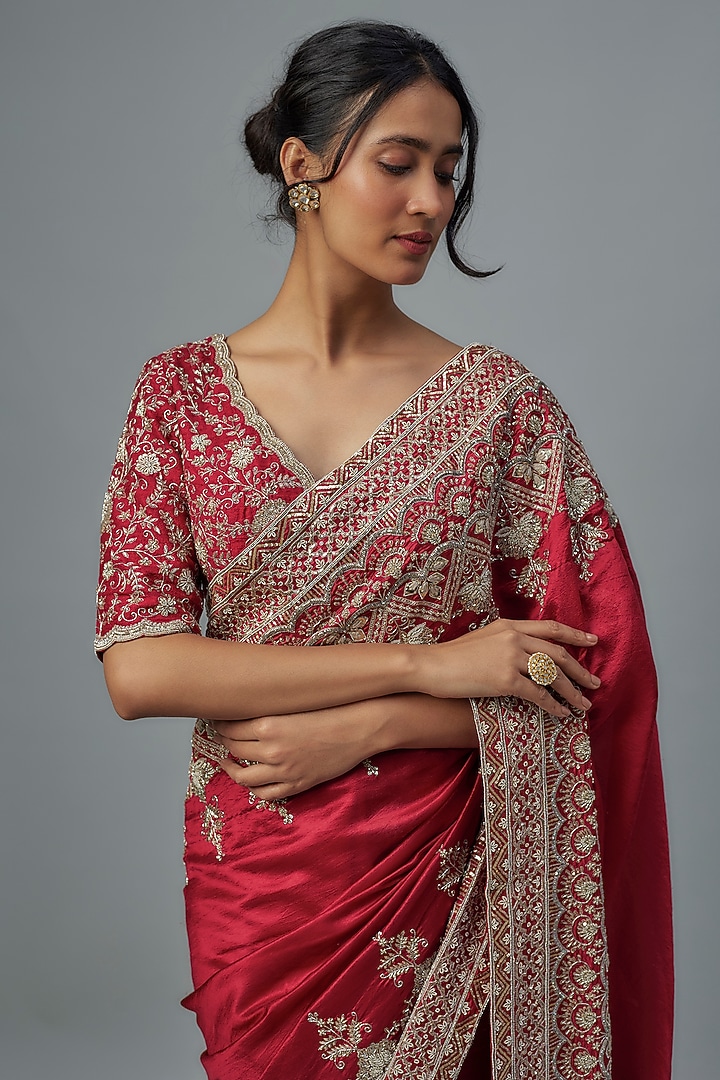 Red Silk Zardosi Embroidered Bridal Saree Set by Jayanti Reddy at Pernia's Pop Up Shop