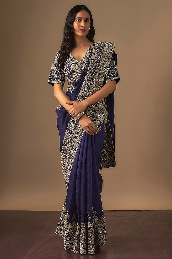 Purple Silk Zardosi Embroidered Saree Set by Jayanti Reddy at Pernia's Pop Up Shop